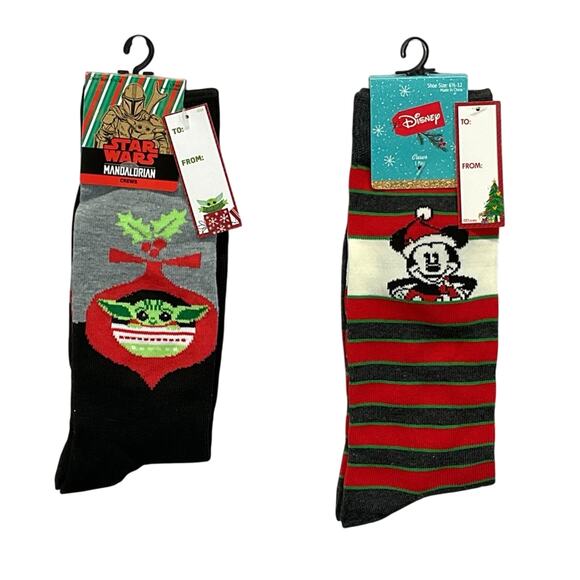 Disney Star Wars Christmas Crew Socks Mens Size 6.5 -12 Mandalorian Mickey Mouse - Picture 1 of 11